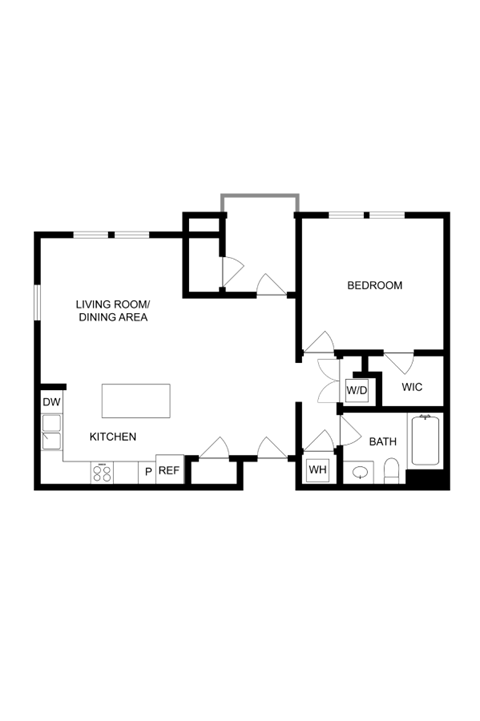 Floor plan for 1 bed, 1 bath, 870 sqft